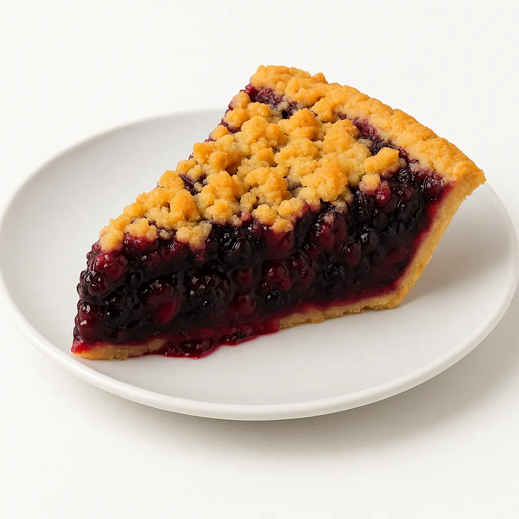 Slice of berry pie with crumble topping on a white plate