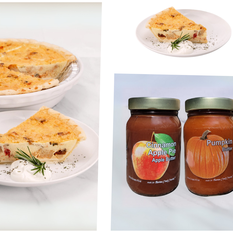 Collage of a pie, a slice of pie with a garnish, and two jars of apple and pumpkin pie filling.