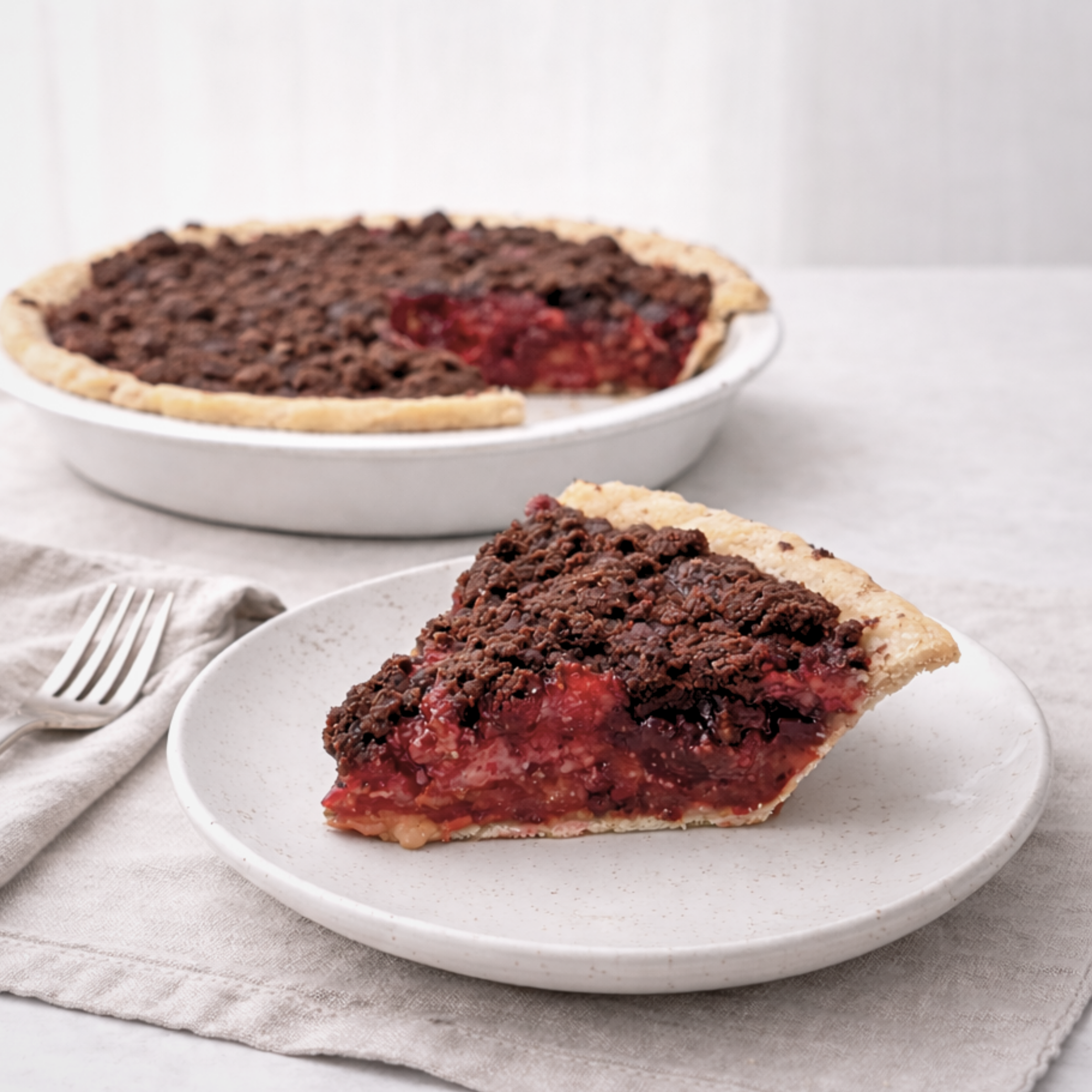 Slice of chocolate cherry pie on a white plate with the rest of the pie in the background.
