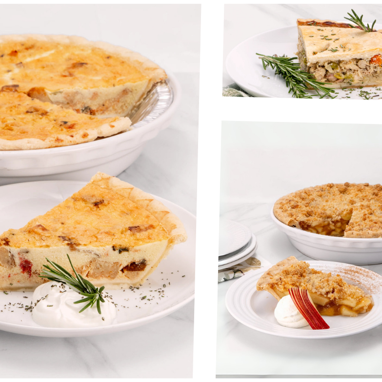 Collage of various pies including a quiche, apple pie, and other sliced pies on plates.