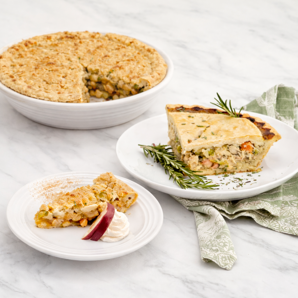Apple crumb pie on white plate and chicken pot pie slice on a white plate with a napkin in the background.