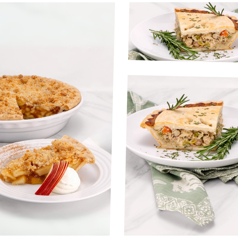 Collage of pies including a whole pie, a slice on a plate with rosemary, and another slice with a side of whipped cream.