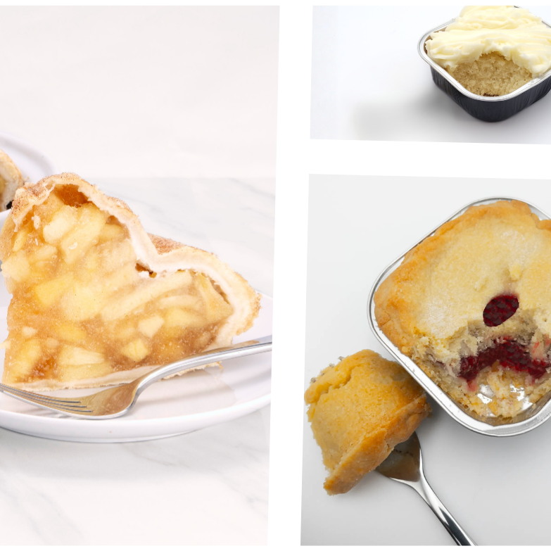 Two images of a dessert with a face made from cream and jam, served on a white plate.