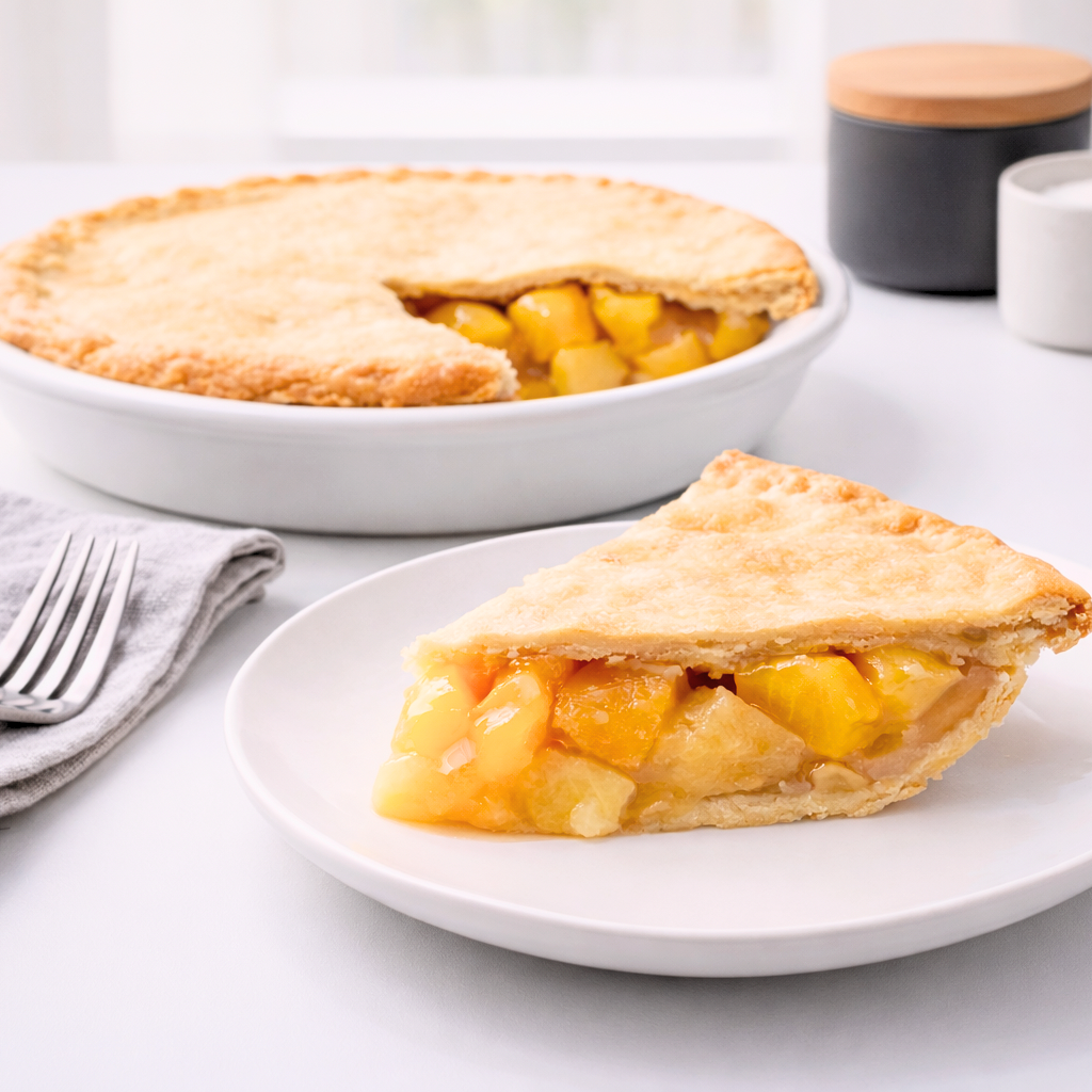 No sugar added apple pie with a slice on a plate on a white surface