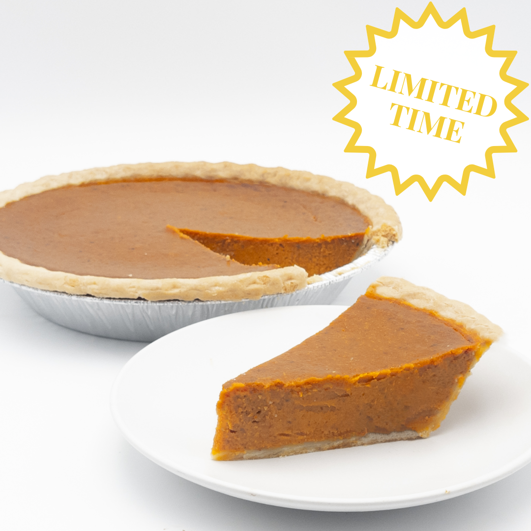 Pumpkin pie with a slice on a plate and 'Limited Time' label.