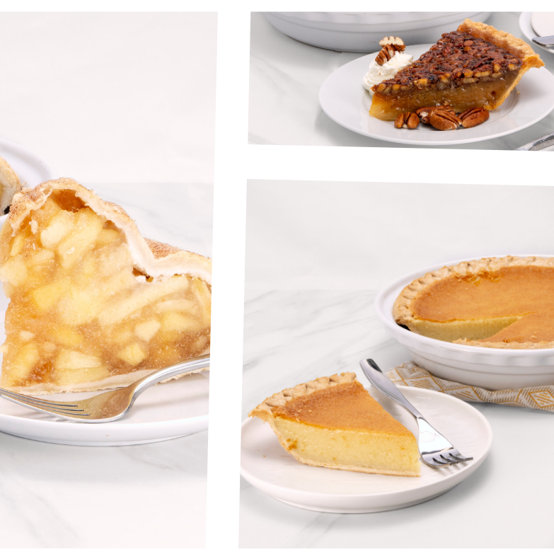 Three different pies on white plates with forks, including apple pie, pumpkin pie, and pecan pie.