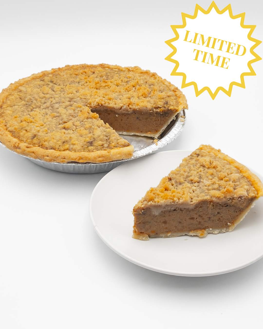 Sweet potato pie with a slice on a plate, promotional text 'LIMITED TIME' in the corner.