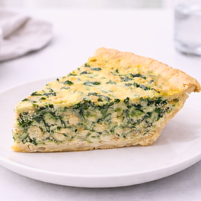 A single slice of Quiche florentine on a white plate
