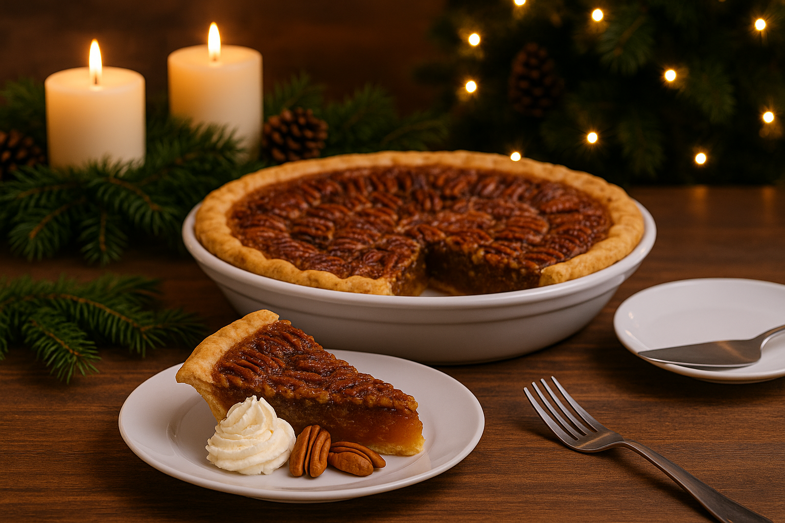 Pecan pie with a festive background scene 