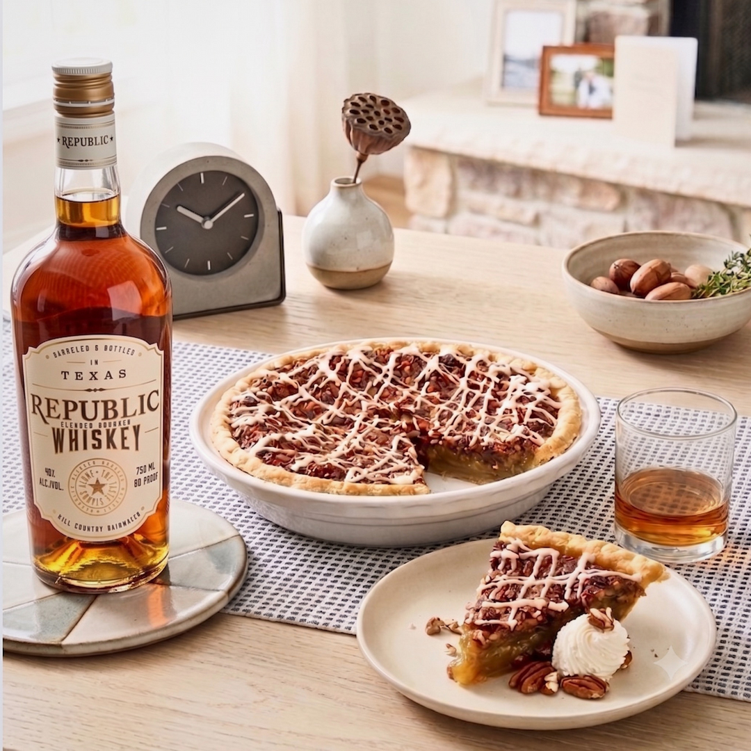 Whiskey pecan pie slice on plate with whiskey pecan pie in pie dish with slice missing. Glass of republic whiskey and republic whiskey bottle on table. 