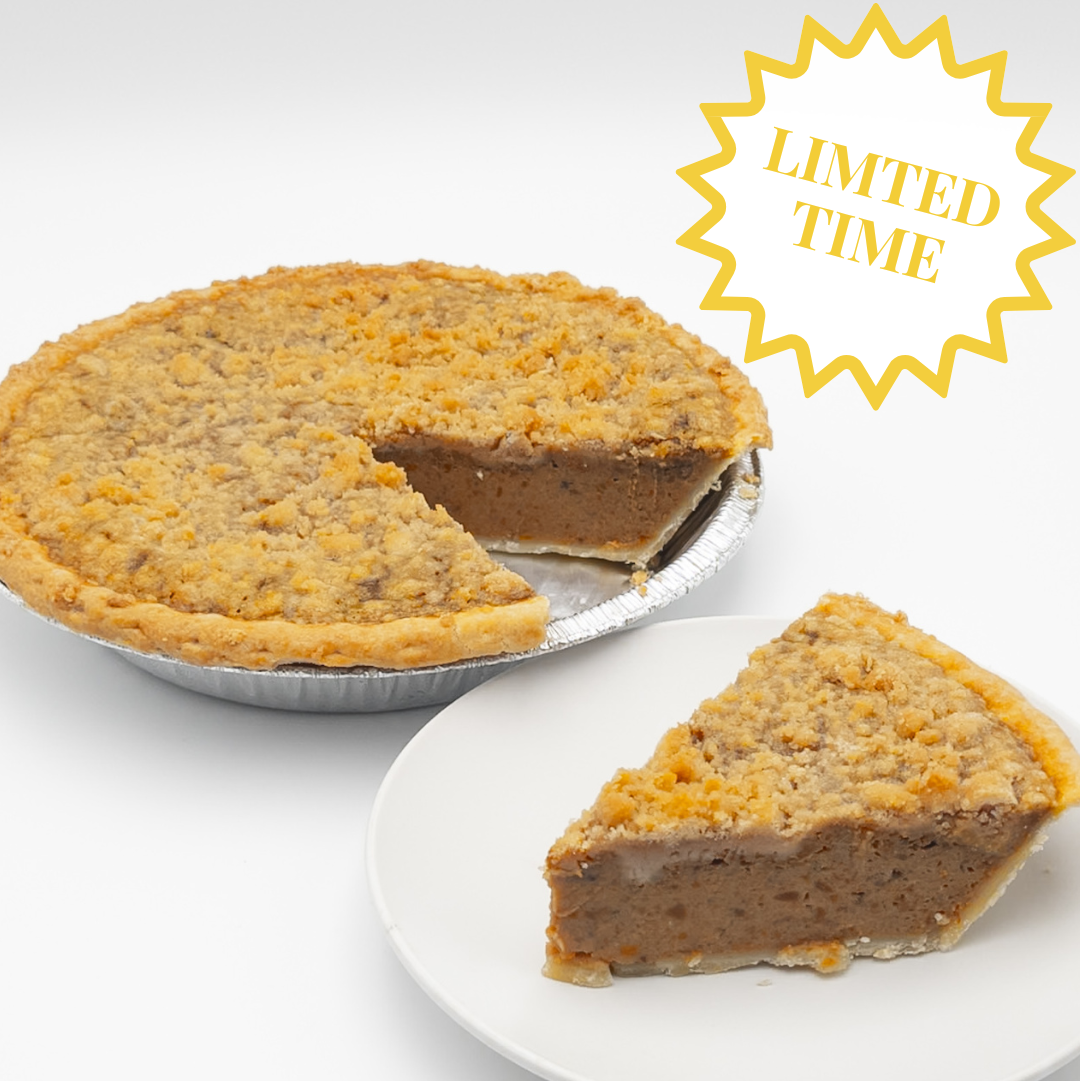 Sweet potato pie with a slice on a plate, labeled 'Limited Time' on a white background
