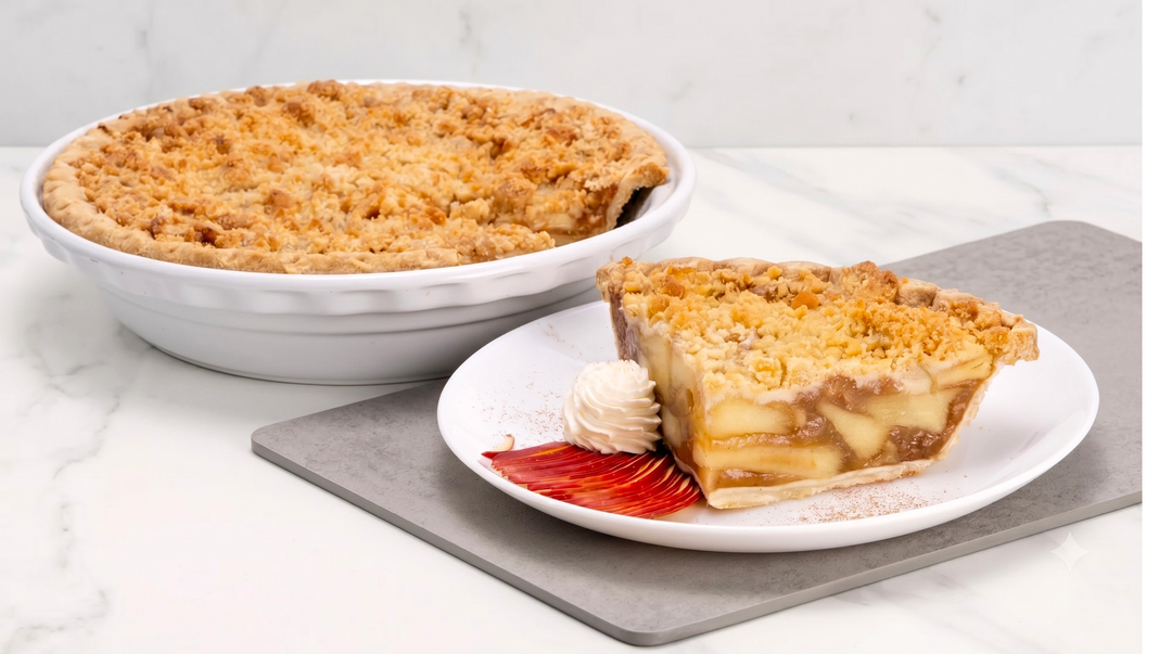 Full apple pie and a slice on a plate with whipped cream and red berries on a marble surface.