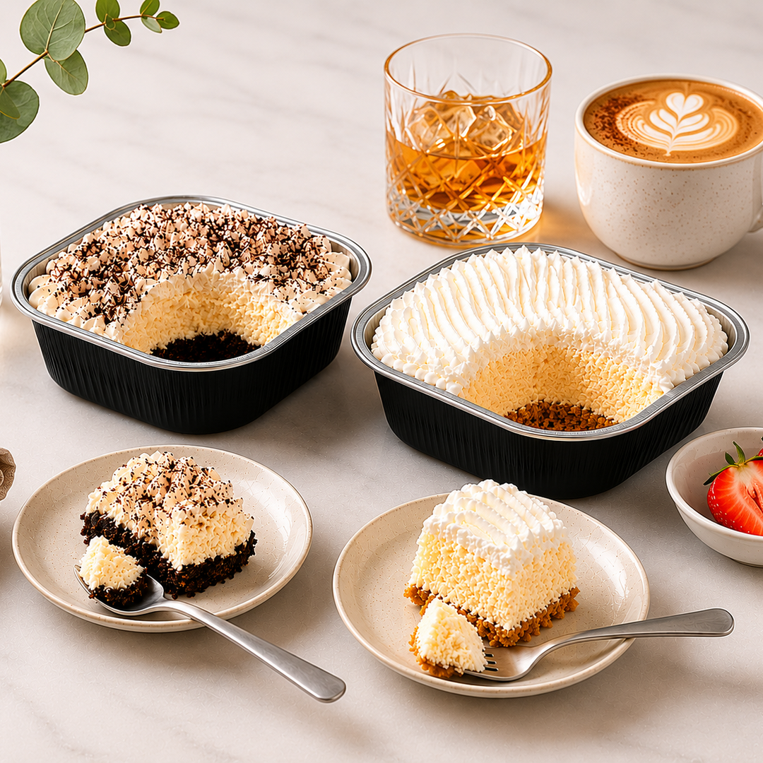 Two slices of layered cake on plates with a cup of coffee, glass of whiskey, and strawberries on a light surface.