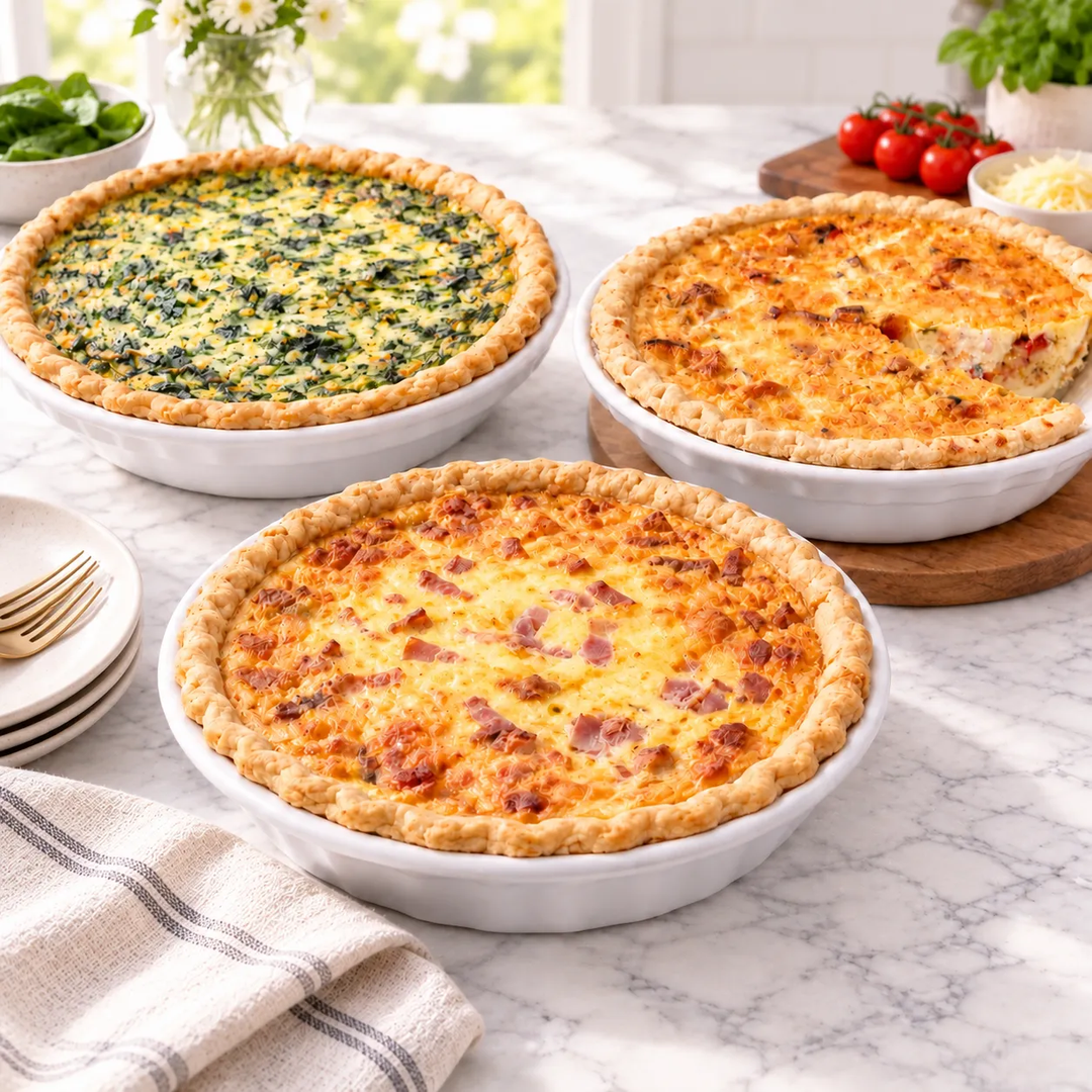 Three freshly baked quiches in white ceramic baking dishes arranged on a light marble countertop. The front quiche has a golden-brown baked crust and topped with melted cheese and crispy bacon bits.