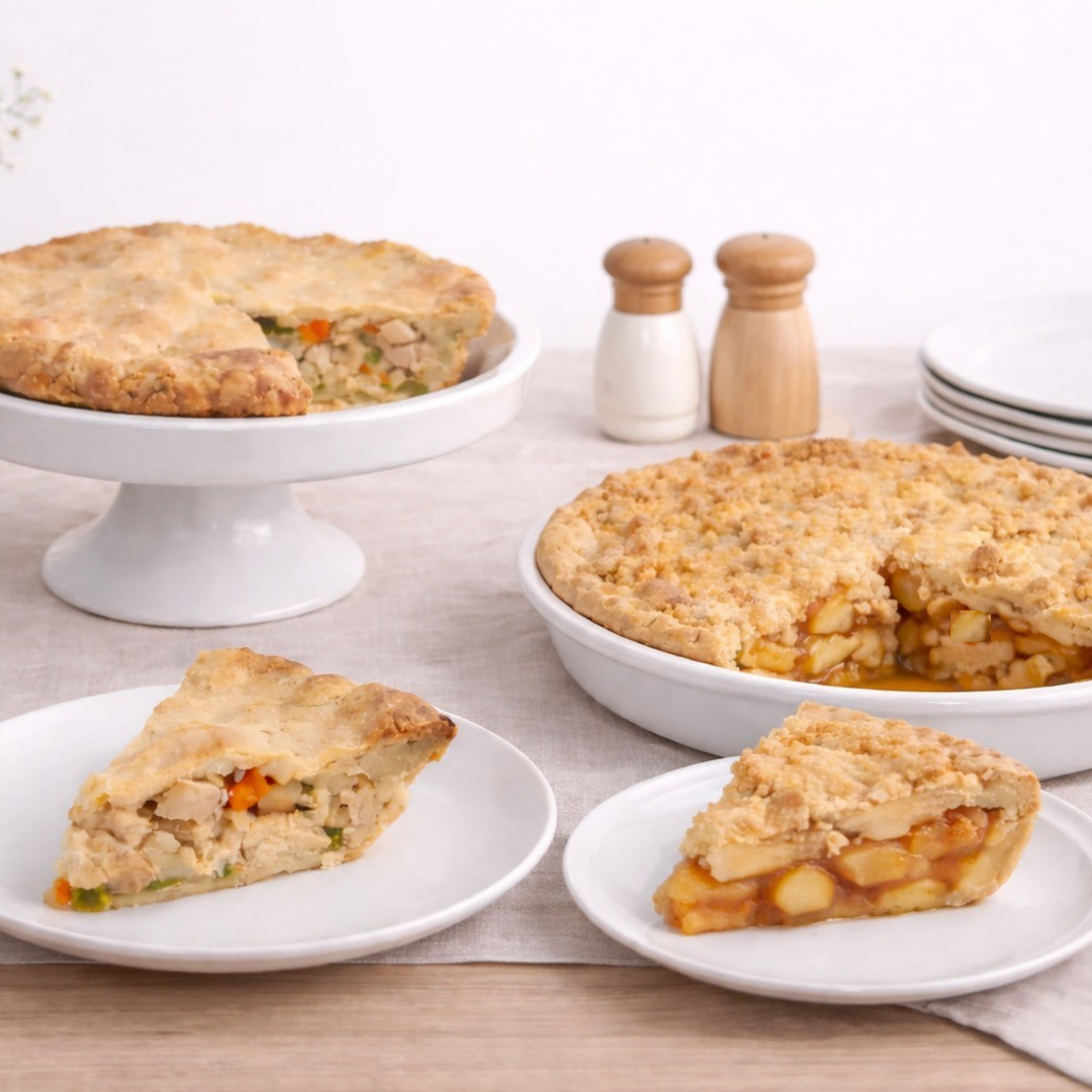 Chicken pot pie slice on a white plate with a piece missing from the whole chicken pot pie. Slice of Apple crumb pie on a white plate with slice missing from the whole pie. Salt and pepper shakers in the background with a stack of white plates. 
